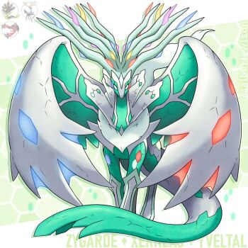 albrt-wlson alternate_color animal_focus antlers character_name commentary empty_eyes english_commentary full_body fusion gen_6_pokemon highres horns instagram_username legendary_pokemon making-of_available nintendo no_humans official_art_inset pokemon pokemon_(creature) pokemon_focus reference_inset shiny_pokemon solo straight-on wings xerneas yveltal zygarde zygarde_(50)