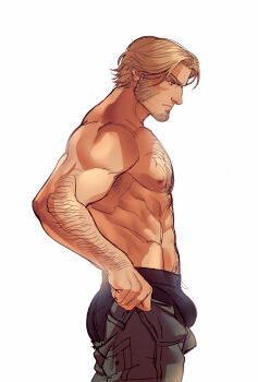 1boy abs absurdres arm_hair bara bulge bulge_lift chest_hair dressing facial_hair feet_out_of_frame from_side goatee hairy highres i&#039;ve_never_seen_a_guy_recreate_this_successfully_tbh_(meme) kasper_artz large_pectorals light_brown_hair long_sideburns looking_at_bulge male_focus mature_male meme muscular muscular_male mutton_chops navel_hair nipples original pants_lift parted_bangs pectorals short_hair sideburns solo standing thick_eyebrows topless_male undersized_clothes william_(kasper)