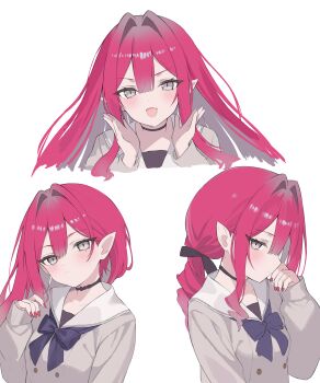 1girl absurdres baobhan_sith_(fate) blush breasts choker commentary_request fate/grand_order fate_(series) grey_eyes highres long_hair long_sleeves looking_at_viewer multiple_views nagine open_mouth pink_hair pointy_ears sidelocks small_breasts smile