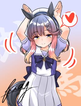 Rule 34 | 1girl, absurdres, alternate costume, animal ears, arm up, black hairband, chinese zodiac, commentary request, cosplay, fake animal ears, fake tail, flat chest, furaggu (frag 0416), gradient hair, hairband, hat, heart, highres, horse ears, horse tail, kantai collection, long hair, long skirt, looking at viewer, multicolored hair, orange hair, pleated skirt, purple eyes, purple hair, purple serafuku, purple shirt, sailor collar, sailor shirt, school uniform, serafuku, shirt, sidelocks, skirt, smile, solo, speech bubble, spoken heart, tail, tracen school uniform, tsushima (kancolle), umamusume, white hat, white skirt, year of the horse