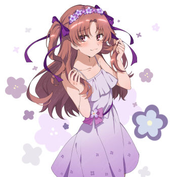 Rule 34 | 1girl, anime coloring, blush, bow, brown eyes, brown hair, ci31205, commentary request, dress, floral background, hair bow, head wreath, highres, long hair, looking at viewer, purple bow, purple dress, shirai kuroko, sleeveless, sleeveless dress, smile, solo, spaghetti strap, toaru kagaku no railgun, toaru majutsu no index, twintails