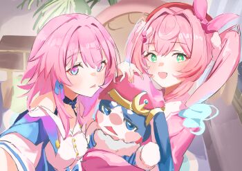 2girls aqua_eyes auru_grap bare_shoulders beret blue_eyes breasts commentary_request creature hair_intakes hat highres holding holding_creature honkai:_star_rail honkai_(series) hyacine_(honkai:_star_rail) light_blush long_hair looking_at_viewer march_7th_(honkai:_star_rail) medium_hair multicolored_eyes multiple_girls open_mouth pink_eyes red_hat smile twintails two-tone_eyes yellow_pupils