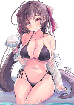 1girl absurdres ahoge bikini black_bikini blush breasts brown_hair food hair_ornament hair_ribbon hairclip highleg highleg_bikini highres hizaka ice_cream jacket kantai_collection large_breasts long_hair looking_at_viewer mamiya_(kancolle) one-hour_drawing_challenge pool ribbon signature sitting smile solo swimsuit twitter_username water white_background white_jacket