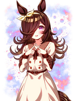 1girl animal_ears blush bow_hairband brown_dress brown_hair brown_ribbon casual collarbone collared_dress dress flipped_hair hair_over_one_eye hairband highres horse_ears horse_girl horse_tail long_hair long_sleeves looking_at_viewer official_alternate_costume open_mouth purple_eyes ribbon rice_shower_(casual)_(umamusume) rice_shower_(umamusume) smile solo sugimotty_nova tail umamusume white_hairband