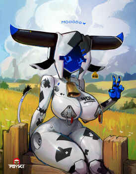 1girl 2024 absurdres animal_ears animal_print artist_name bell blue_sky breasts cloud cloudy_sky collar covered_erect_nipples cow_ears cow_girl cow_horns cow_print cowbell ear_tag fence grass highres horns huge_breasts joints large_breasts looking_at_viewer meadow original pasties psyk323 robot robot_joints screen sitting sky solo tail thighs v