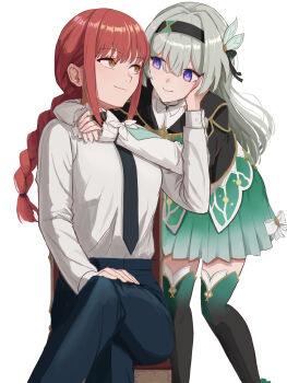 2girls black_hairband black_necktie black_pants boots braid braided_ponytail breasts chainsaw_man chair closed_mouth collared_shirt crossed_legs eyebrows_hidden_by_hair feather_hair_ornament feathers firefly_(honkai:_star_rail) green_skirt grey_hair hair_between_eyes hair_ornament hairband hand_on_own_face high-waist_pants highres honkai:_star_rail honkai_(series) hug kusunoki_tomori long_hair looking_at_another low-tied_long_hair low_ponytail makima_(chainsaw_man) medium_breasts multiple_girls necktie on_chair pants ponytail purple_eyes red_hair shirt sitting skirt smile standing thigh_boots toki78288809 very_long_hair voice_actor_connection white_background white_shirt wooden_chair yellow_eyes