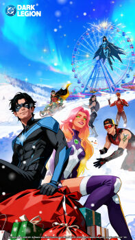 3girls 4boys arsenal_(dc) aurora blue_sky bodysuit boots colored_sclera colored_skin day dc:_dark_legion dc_comics domino_mask donna_troy elbow_gloves eye_mask ferris_wheel gift_bag gloves green_eyes green_sclera highres kid_flash leotard long_hair mask multicolored_bodysuit multicolored_hair multicolored_leotard multiple_boys multiple_girls nightwing orange_skin purple_boots purple_leotard raven_(dc) red_lips robin_(dc) sky sleeveless snow snowman starfire tamaranean taut_bodysuit teen_titans thigh_boots toned toned_male