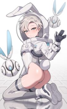 1boy animal_ear_helmet animal_ears animal_helmet ass bulge chinese_commentary closed_mouth commentary_request crop_top drone expressionless fake_tail from_behind full_body gloves grey_background grey_eyes grey_hair grey_leotard grey_thighhighs habuka_yukinami_(ming) helmet highleg highleg_leotard highres knee_pads kneeling leotard looking_at_viewer looking_to_the_side male_focus male_playboy_bunny ming_(5unri5e666) nontraditional_playboy_bunny on_ground original oxygen_tank playboy_bunny rabbit_ears rabbit_tail shoes sneakers solo space_helmet spacesuit tail thighhighs trap