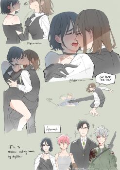 Rule 34 | 2girls, 3boys, absurdres, alien stage, black choker, black dress, black gloves, black hair, black jacket, black necktie, black pants, black suit, black vest, blood, blood on clothes, blood on face, blush, choker, closed eyes, clothes grab, collared shirt, commentary, dress, elbow gloves, english commentary, english text, fanfiction available, formal clothes, french kiss, gloves, green background, green jacket, gun, hand on another&#039;s neck, hand on another&#039;s waist, handgun, highres, ivan (alien stage), jacket, jun (lettuccine), kiss, leg between thighs, mizi (alien stage), multiple boys, multiple girls, necktie, necktie grab, neckwear grab, off-shoulder dress, off shoulder, pants, purple eyes, saliva, saliva trail, shirt, short hair, simple background, sparkle, speech bubble, sua (alien stage), suit, till (alien stage), tongue, tongue out, vest, weapon, white dress, white hair, white shirt, wig, yellow eyes, yuri