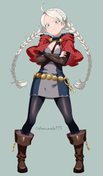 1girl absurdres ahoge blue_eyes boots braid brown_boots capelet commission commissioner_upload fire_emblem fire_emblem_fates harness highres hood hooded_capelet keyring long_hair looking_at_viewer low_twin_braids low_twintails nina_(fire_emblem) nintendo non-web_source o-ring o-ring_harness pantyhose parted_bangs red_hood thenomade123 twin_braids twintails white_hair