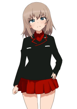 Rule 34 | 1girl, absurdres, black jacket, blue eyes, blush, closed mouth, commentary, cowboy shot, dress shirt, frown, girls und panzer, grey hair, hand on own hip, highres, insignia, itsumi erika, jacket, kuromorimine military uniform, long sleeves, looking at viewer, medium hair, military uniform, miniskirt, pleated skirt, red shirt, red skirt, sesese mimi, shirt, simple background, skirt, solo, standing, white background, wing collar
