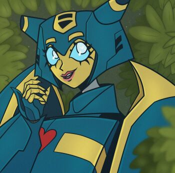 1girl armor blue_eyes derpderplazy fingernails glyph_(transformers) helmet highres horns humanoid_robot looking_at_viewer pink_lips robot robot_girl science_fiction sharp_fingernails shoulder_armor smile solo transformers transformers_animated