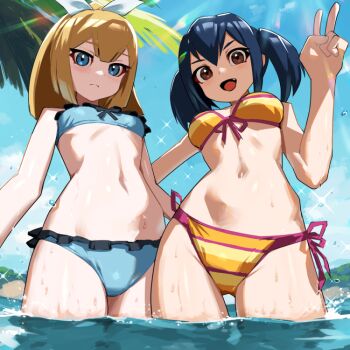 2girls :d akehi_mana bikini black_hair blonde_hair blue_eyes breasts brown_eyes fang frown hair_ribbon looking_at_viewer medium_breasts multiple_girls navel nikunopengin ocean open_mouth original palm_tree partially_submerged ribbon short_twintails side-tie_bikini_bottom small_breasts smile sogetsu_runa swimsuit tree twintails v water wet