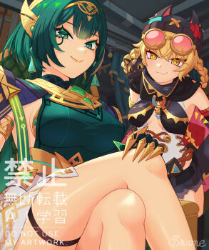 2girls :3 animal animal_on_shoulder ashru_(genshin_impact) beanie black_hat blonde_hair box braid braided_hair_rings breasts cat cat_on_shoulder center_opening chair claw_ring commentary_request crossed_legs detached_sleeves ear_covers earrings gem genshin_impact gift gift_box goggles goggles_on_head green_eyes green_gem green_hair hair_rings hairband hat highres holding holding_behind_back holding_gift indoors jahoda_(genshin_impact) jewelry large_breasts leotard looking_at_viewer medium_breasts medium_hair mole mole_under_eye multiple_girls mutturi_mamer18 nefer_(genshin_impact) notice_lines short_hair shorts sideboob single_detached_sleeve sitting smile star-shaped_pupils star_(symbol) symbol-shaped_pupils thigh_strap tinted_eyewear torn_clothes torn_shorts triangle-shaped_pupils white_leotard yellow_eyes