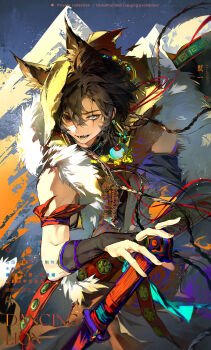 1boy animal_ear_fluff animal_ears arm_strap asa_moi asymmetrical_bangs black_eyes black_gloves braid bridal_gauntlets brown_hair commission cowboy_shot day earrings fang floating_hair fur_jacket fur_trim gloves gold gold_necklace grey_eyes heterochromia highres holding holding_sword holding_weapon jacket jewelry long_hair looking_ahead male_focus mountain muscular necklace open_mouth original outdoors parted_bangs red_pupils scar scar_across_eye scar_on_face scar_on_nose snow solo sunlight sword teeth tongue watermark weapon wind wolf_boy wolf_ears