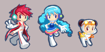 1girl 2boys animal_bag animal_ear_hood animal_ears archived_source beret blue_dress blue_eyes blue_hair blue_outline blush bodysuit boots brown_hair closed_mouth coat collar color_coordination commentary cyber_fashion deformed detached_collar dress elbow_gloves fake_animal_ears gloves goggles goggles_on_head hat headphones holding holding_wrench hood hood_up hooded_bodysuit korean_commentary looking_to_the_side lowres midriff multiple_boys no_lineart open_hand orange_hair original outline panda_ears panties portrait red_coat red_hair red_sleeves rubber_duck scarf shirt short_sleeves smile spiked_hair standing teeth thigh_boots tiv underwear v walking white_bodysuit white_collar white_hood white_panties white_scarf white_shirt wrench