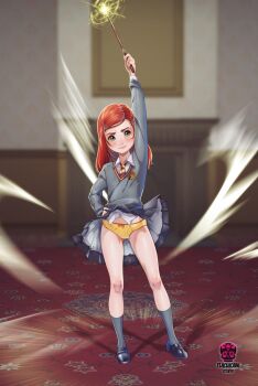 1girl arm_up artist_logo artist_name black_shoes black_skirt blurry blurry_background blush bow bow_panties brown_eyes closed_mouth collared_shirt commission female_focus full_body ginny_weasley grey_socks grey_sweater gryffindor hand_on_own_hip harry_potter_(series) highres hogwarts_school_uniform holding holding_wand kneehighs lips loafers logo loli long_sleeves medium_hair necktie panties pleated_skirt red_hair shirt shoes skirt socks solo standing sweater thighs tlacuicani underwear wand wind wind_lift wizarding_world yellow_panties