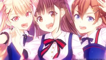 3girls blonde_hair blue_eyes bow bowtie brown_eyes brown_hair buriki copyright_notice fang hair_ornament hairpin highres idol_clothes long_hair multiple_girls nabatame_haru official_art open_mouth red_eyes seibu_rio shine_post shirt split_screen tamaki_kyouka teeth two_side_up upper_body very_long_hair white_shirt
