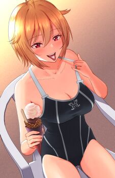 1girl ahoge animal_print black_one-piece_swimsuit blonde_hair blush breasts butterfly_print chair cleavage collarbone commentary_request competition_swimsuit dot_nose eyelashes hair_between_eyes hair_flaps highres holding holding_ice_cream_cone ibuki_tsubasa ice_cream_cone idolmaster idolmaster_million_live! idolmaster_million_live!_theater_days large_breasts looking_at_viewer mingo_(min5san) official_alternate_costume on_chair one-piece_swimsuit red_eyes seductive_smile sitting smile solo strap_pull swimsuit teeth tongue tongue_out upper_teeth_only wave_makers!_(idolmaster)