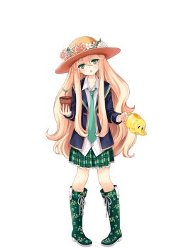 1girl blonde_hair boots flower flower_on_head flower_pot full_body girlfriend_(kari) green_boots green_eyes green_necktie green_shoes green_skirt hat jacket knees looking_at_viewer necktie official_art plaid_clothes plaid_skirt pleated_skirt qp:flapper school_uniform shirt shoes simple_background skirt solo standing straw_hat transparent_background watering_can white_shirt yumesaki_haruko