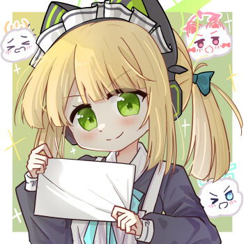 >:) 1girl absurdres animal_ear_headphones animal_ears apron aqua_bow aqua_bowtie aqua_halo aris_(blue_archive) black_dress blonde_hair blue_archive blunt_bangs blush border borrowed_clothes bow bowtie cat_ear_headphones cat_ears chinese_commentary closed_mouth cloud collared_dress commentary_request contrast_collar dress eyes_visible_through_hair fake_animal_ears gift_art gradient_background green_background green_bow green_eyes green_halo hair_bow halo head_tilt headphones highres holding holding_paper long_sleeves looking_at_viewer maid maid_apron maid_headdress medium_hair midori_(blue_archive) midori_(maid)_(blue_archive) momoi_(blue_archive) nuansede_kekeya objectification official_alternate_costume official_alternate_hairstyle outside_border paper parted_bangs pink_halo ponytail puffy_long_sleeves puffy_sleeves sidelocks solo sparkle split_mouth upper_body v-shaped_eyebrows white_apron white_border white_headdress yellow_halo yuzu_(blue_archive)