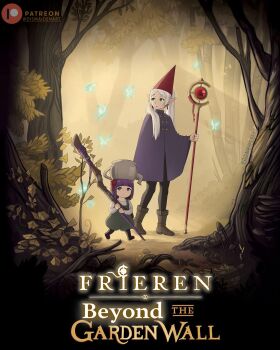 2girls absurdres aged_down black_leggings boots bug butterfly child cosplay crossover dismaiden earrings elf english_text fern fern_(sousou_no_frieren) forest frieren green_eyes gregory_(over_the_garden_wall) gregory_(over_the_garden_wall)_(cosplay) hat highres holding holding_staff insect jewelry leggings long_hair mage_staff multiple_girls nature over_the_garden_wall patreon_logo pointy_ears purple_eyes purple_hair short_hair sousou_no_frieren staff teapot teapot_on_head white_hair wirt_(over_the_garden_wall) wirt_(over_the_garden_wall)_(cosplay)