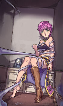 1girl absurdres bdsm bondage boots bound breasts brown_boots green_eyes high_heel_boots high_heels highres holding jojo_no_kimyou_na_bouken looking_at_viewer nero_augustus open_mouth pink_hair restrained shoes short_hair single_shoe sitting solo sweat tentacles trish_una vento_aureo wet