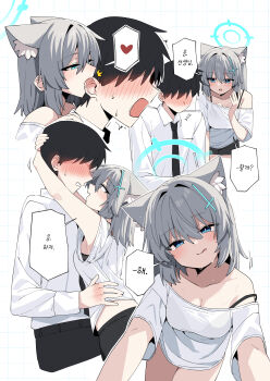 1boy 1girl :q absurdres alternate_costume animal_ear_fluff animal_ears arms_around_neck assertive_female b.t._(boob_tong) biting biting_ear black_bra black_hair black_necktie black_pants black_shorts blue_archive blue_eyes blue_halo blush bra bra_peek breasts cleavage collared_shirt commentary cross cross_hair_ornament dress_shirt embarrassed extra_ears face-to-face grey_hair hair_between_eyes hair_ornament halo hand_on_another&#039;s_shoulder hand_on_another&#039;s_waist hand_up heart hetero highres hug inverted_cross korean_text looking_at_another looking_at_viewer medium_breasts medium_hair mismatched_pupils motion_lines necktie no_eyes nose_blush open_mouth pants parted_lips sensei_(blue_archive) shiroko_(blue_archive) shirt short_hair shorts sidelocks single-shoulder_shirt single_bare_shoulder speech_bubble spoken_heart strap_slip sweat sweatdrop tongue tongue_out translation_request underwear white_shirt wolf_ears wolf_girl