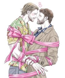 Rule 34 | 2boys, angel, beard, beard stubble, black hair, blonde hair, blue eyes, bound together, castiel, coat, couple, cowboy shot, daitaikueru, dean winchester, eye contact, face-to-face, facial hair, from side, full beard, green eyes, heart, highres, looking at another, male focus, mature male, multiple boys, ribbon, short hair, simple background, stubble, supernatural (tv series), trench coat, yaoi