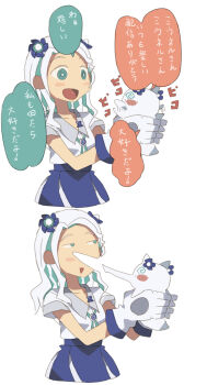 1girl :d @_@ aqua_eyes blue_skirt blush_stickers commentary_request creature flower gloves hair_flower hair_ornament haneuzu_miuneru highres long_hair looking_to_the_side maomao_evading_jinshi's_kiss_(meme) meme ninjamaru open_mouth shirt simple_background skirt smile speech_bubble translation_request triangle_mouth voms white_background white_gloves white_hair white_shirt