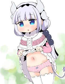1girl :o animal_print black_bow blue_eyes blush bow capelet cleft_of_venus clothes_lift dragon_girl dragon_horns dragon_tail dress dress_lift female_focus fur_trim hair_bobbles hair_bow hair_ornament hairband highres horns jitome kanna_kamui kobayashi-san_chi_no_maidragon lemon_pan lifting_own_clothes loli long_hair long_sleeves looking_at_viewer low_twintails navel open_mouth panties pink_capelet pink_dress pink_panties plaid_clothes plaid_panties print_panties purple_hair rabbit_print solo stomach tail thighhighs twintails underwear white_background white_thighhighs