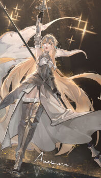 1girl absurdres accelerator1111 ahoge arm_up armor armored_boots armored_dress armpits black_gloves blonde_hair blue_eyes boots breastplate brown_hair chain detached_sleeves dress english_text fate/apocrypha fate/grand_order fate_(series) faulds french_commentary fur-trimmed_thighhighs fur_trim gauntlets gloves greaves headpiece highres jeanne_d&#039;arc_(fate) jeanne_d&#039;arc_(ruler)_(fate) jeanne_d&#039;arc_(third_ascension)_(fate) long_hair open_mouth polearm reflection solo standard_bearer teeth thighhighs very_long_hair weapon