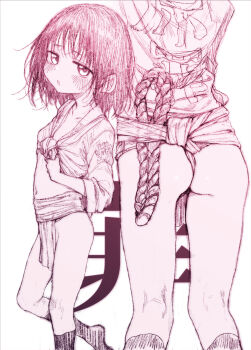 1girl ass female_focus fundoshi head_out_of_frame highres japanese_clothes kuze_shizuka loincloth loli looking_at_viewer mizu_happi monochrome multiple_views navel open_mouth rope shirt short_hair simple_background socks suga_hideo takopii_no_genzai text_background tied_shirt