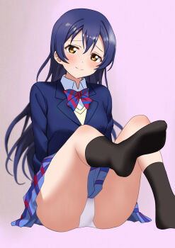 Rule 34 | 1girl, absurdres, arms behind back, black socks, blazer, blue hair, blue jacket, blue skirt, blush, bow, bowtie, breasts, closed mouth, collared shirt, diagonal-striped bow, diagonal-striped bowtie, diagonal-striped clothes, highres, jacket, kneehighs, long hair, looking at viewer, love live!, love live! school idol project, medium breasts, no shoes, otonokizaka school uniform, panties, pantyshot, red bow, red bowtie, school uniform, sesese mimi, shirt, sitting, skirt, socks, solo, sonoda umi, straight hair, striped bow, striped bowtie, striped clothes, sweater vest, underwear, white panties, white shirt, yellow eyes, yellow sweater vest