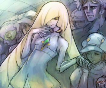 2girls 4boys aether_foundation_employee aether_foundation_uniform blonde_hair brown_hair closed_mouth collarbone commentary dakusuta dress eyelashes faba_(pokemon) gem gloves green-tinted_eyewear green_eyes green_gemstone guzma_(pokemon) hair_over_one_eye hand_up hat highres holding holding_hands holding_poke_ball indoors long_hair looking_at_viewer lusamine_(pokemon) multiple_boys multiple_girls nintendo poke_ball pokemon pokemon_sm premier_ball sleeveless sleeveless_dress spread_fingers sunglasses tinted_eyewear