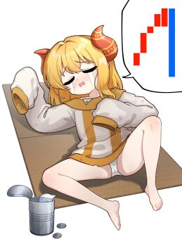 1girl absurdres artist_request banknote barefoot blonde_hair blush can cardboard coin commission crying dirty dirty_clothes dress highres horns korean_commentary long_sleeves lying mase_(hwangabi) medium_hair money nose_blush off-shoulder_dress off-shoulder_sweater off_shoulder on_back on_floor original panties pantyshot poverty red_horns runny_nose sad second-party_source simple_background sleeves_past_fingers sleeves_past_wrists snot speech_bubble spread_legs stock_chart streaming_tears sweater tears underwear wavy_mouth white_background white_panties white_sweater yellow_dress yellow_sweater