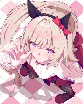 1girl bare_shoulders black_hairband black_pantyhose blush breasts closed_mouth commentary_request curren_chan_(umamusume) dress ear_covers fishnet_pantyhose fishnets from_above hairband highres jewelry kan_lee looking_at_viewer necklace off-shoulder_dress off_shoulder pantyhose purple_eyes red_dress red_shoes shoes small_breasts smile solo umamusume white_sleeves