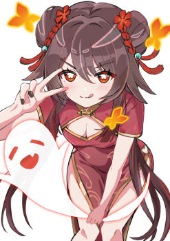 1girl :q absurdres alternate_costume alternate_hairstyle black_nails blush boo_tao_(genshin_impact) breasts brown_hair china_dress chinese_clothes cleavage cleavage_cutout closed_mouth clothing_cutout commentary_request cowboy_shot double_bun dress flower-shaped_pupils genshin_impact ghost gold_trim hair_between_eyes hair_bun highres holding_ghost hu_tao_(genshin_impact) long_hair looking_at_viewer nail_polish red_dress red_eyes side_slit small_breasts symbol-shaped_pupils tokonatsu_(epfm5277) tongue tongue_out v v-shaped_eyebrows very_long_hair white_background