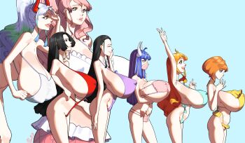 6+girls bikini black_hair blue_background blue_hair boa_hancock bra breasts hard.d highres koala_(one_piece) large_breasts mermaid monster_girl multiple_girls nami_(one_piece) nude one_piece orange_hair pink_hair pink_lips shirahoshi swimsuit ulti_(one_piece) underwear white_hair yamato_(one_piece)