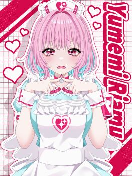 1girl absurdres ahoge angel_wings apron aqua_dress aqua_hair armband bags_under_eyes blush border breasts character_name choker colored_inner_hair commentary dress fang fingernails grid_background hair_intakes hat heart heart_print highres idolmaster idolmaster_cinderella_girls idolmaster_cinderella_girls_starlight_stage index_fingers_together large_breasts looking_at_viewer low_wings medium_hair multicolored_hair nail_polish nurse_cap open_mouth pale_skin pink_armband pink_background pink_choker pink_eyes pink_hair pink_nails short_sleeves skin_fang solo sparkle_print two-tone_hair wanko_(yurika0320) white_apron white_background white_border white_hat white_wings white_wrist_cuffs wings wrist_cuffs yumemi_riamu