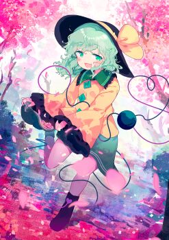 Rule 34 | 1girl, black boots, black hat, blush, boots, bow, buttons, cherry blossoms, diamond button, eyeball, falling petals, fang, frilled shirt collar, frilled sleeves, frills, full body, green eyes, green hair, green skirt, hat, hat bow, heart, heart of string, highres, holding, komeiji koishi, leg up, long sleeves, looking at viewer, medium hair, open mouth, outdoors, petals, pink petals, ribbon, shirt, skin fang, skirt, skirt basket, sleeves past wrists, smile, solo, standing, standing on one leg, sun hat, third eye, toroid (621997), touhou, wavy hair, wide sleeves, yellow bow, yellow ribbon, yellow shirt