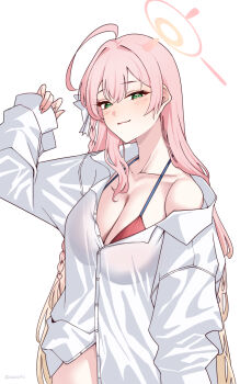 1girl ahoge asakawa_(outeq) bikini blonde_hair blue_archive blush bow braid breasts cleavage collarbone gradient_hair green_eyes hair_between_eyes hair_bow halo hanako_(blue_archive) hanako_(swimsuit)_(blue_archive) highres huge_ahoge large_breasts long_hair long_sleeves looking_at_viewer multicolored_hair oversized_clothes pink_hair pink_halo red_bikini shirt single_bare_shoulder single_braid smile solo swimsuit thighs very_long_hair white_background white_bow white_shirt