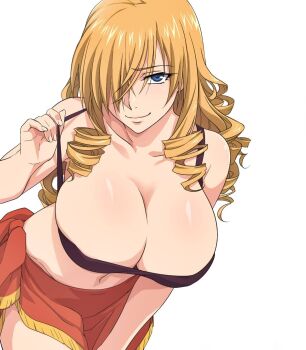 1girl blonde_hair blue_eyes breasts clothes_pull drill_hair hair_over_one_eye hand_on_leg hand_on_own_leg hand_on_own_thigh hand_on_thigh highres large_breasts leaning_forward long_hair mature_female midriff navel oriana_thomason sarong smile strapless tank_top teasing toaru_majutsu_no_index top_pull
