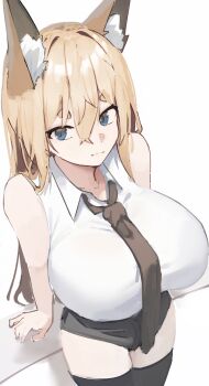 1girl :3 absurdres animal_ears blonde_hair blue_eyes breasts fox_ears fox_girl highres large_breasts long_hair original perspective shirt short_shorts shorts skashi sleeveless sleeveless_shirt thighhighs