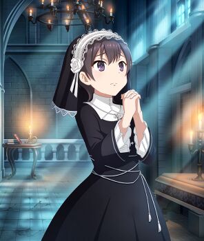 1girl black_dress black_hair black_headdress book brick_wall candelabra candle candlestand chandelier closed_mouth cowboy_shot crack cracked_floor cross cross_necklace dappled_moonlight double-parted_bangs dress game_cg indoors interlocked_fingers jewelry looking_up moonlight necklace night niwa_tsutomu nun official_art own_hands_clasped own_hands_together praying purple_eyes railing short_hair solo third-party_source tile_floor tiles toji_no_miko toji_no_miko:_kizamishi_issen_no_tomoshibi