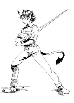 Rule 34 | 1girl, absurdres, commentary, demon girl, demon horns, glasses, greyscale, hair bun, highres, holding, holding sword, holding weapon, horns, korean commentary, looking to the side, mixed-language commentary, monochrome, oni, original, pants, pirata (gailtonatiu), pointy ears, shirt, signature, simple background, solo, standing, sword, tail, weapon