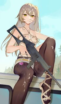 1girl absurdres bdsm black_pantyhose blush body_writing bondage bound brown_hair brown_sandals car crotch_rope cum cum_on_body cum_on_chest cum_on_feet cum_on_hair cum_on_legs english_text facial flat_chest girls'_frontline girls'_frontline_2:_exilium gladiator_sandals gun h&amp;k_usc highleg highleg_panties highres leva_(girls'_frontline_2) long_hair looking_at_viewer magazine_(weapon) mixed-language_text motor_vehicle navel nipple_piercing nipples object_insertion official_alternate_costume on_car one_side_up open_mouth panties pantyhose piercing remote_control_vibrator ren_huozhe sandals scar scar_across_eye scar_on_face second-party_source sex_toy shibari shibari_under_clothes short_shorts shorts side-tie_panties sitting solo string_panties submachine_gun tally thighband_pantyhose thong torn_clothes trigger_discipline ump45_(girls'_frontline) underwear vaginal vaginal_object_insertion variant_set vibrator vibrator_cord vibrator_under_clothes weapon yellow_eyes