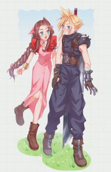 1boy 1girl absurdres aerith_gainsborough aqua_eyes armor asa_00f baggy_pants bandaged_arm bandages bangle belt blonde_hair blue_eyes blue_pants blue_shirt boots bracelet braid braided_ponytail brown_belt brown_boots brown_gloves brown_hair buttons choker cloud_strife cropped_jacket dress earrings final_fantasy final_fantasy_vii full_body gloves grass hair_ribbon highres holding_hands jacket jewelry light_blush long_dress long_hair looking_at_another open_mouth pants parted_bangs pink_dress pink_ribbon puffy_short_sleeves puffy_sleeves red_jacket ribbon ribbon_choker shirt short_hair short_sleeves shoulder_armor sidelocks single_bare_shoulder single_braid single_earring single_shoulder_pad sleeveless sleeveless_turtleneck smile spiked_hair suspenders sweatdrop turtleneck