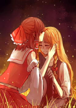 2girls ^_^ absurdres bigreen black_hat blonde_hair bow braid braided_sidelock brown_hair closed_eyes commentary_request couple detached_sleeves frilled_hair_tubes frills grass hair_bow hair_tubes hakurei_reimu hat highres holding holding_unworn_clothes holding_unworn_hat kirisame_marisa kiss kissing_forehead long_hair multiple_girls on_ground red_bow red_shirt red_skirt shirt sitting skirt sleeveless sleeveless_shirt smile touhou unworn_hat unworn_headwear yuri