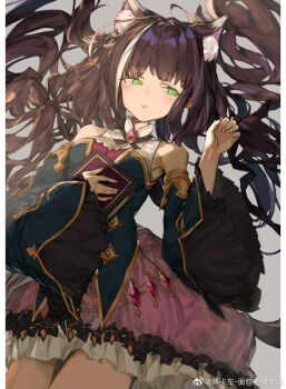 1girl animal_ear_fluff animal_ears bare_shoulders black_ribbon black_sleeves black_vest blue_sleeves book brown_hair cat_ears chinese_commentary collared_shirt commentary_request cowboy_shot detached_sleeves dot_nose dress eyelashes fingernails floating_hair frilled_dress frilled_shirt_collar frilled_sleeves frills green_eyes grey_background half-closed_eyes high_collar highres holding holding_book karyl_(princess_connect!) leung_ka_che light_blush long_hair long_sleeves looking_to_the_side loose_hair_strand multicolored_hair neck_ribbon open_mouth palms pink_dress princess_connect! ribbon sad shirt shirt_under_dress short_dress simple_background sleeveless sleeveless_shirt solo strapless strapless_dress streaked_hair tearing_up two-sided_sleeves very_long_hair vest watermark weibo_watermark white_hair white_shirt wide_sleeves